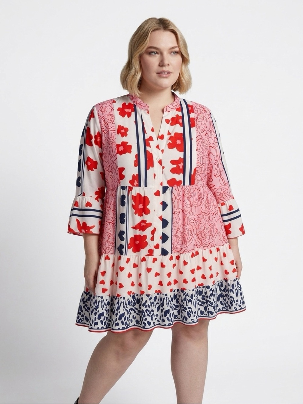 Patchwork Floral Tiered Tunic Dress in Red, White, Blue